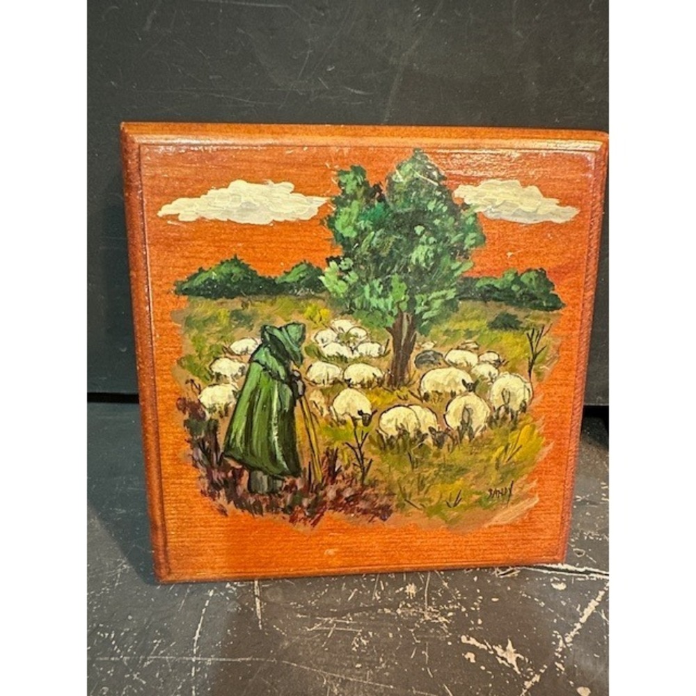 Vintage Hand Painted Folk‎ Art Wood Plaque Shepherd and Sheep Signed Sandy 5.5"